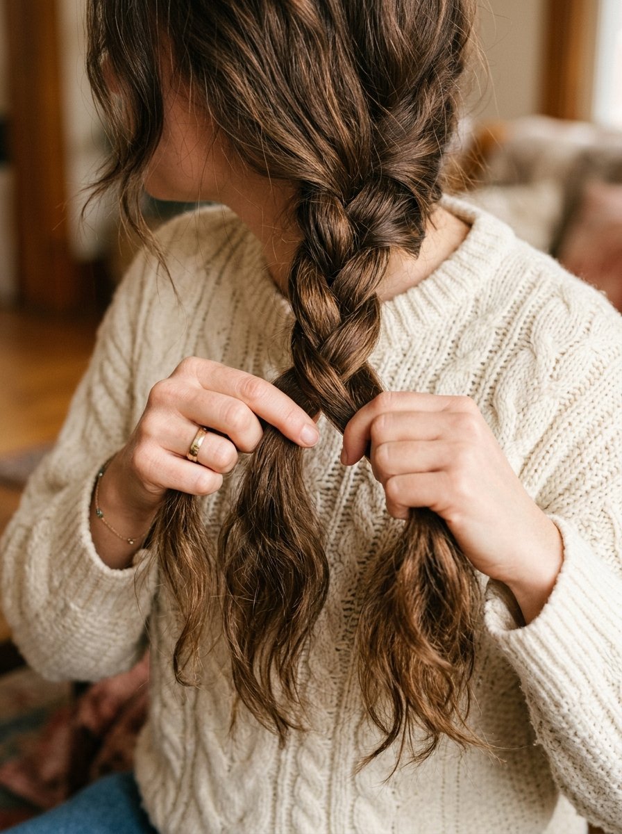 Close-up of hands weaving a thick braid into brunette hair while wearing a textured cream-colored pullover.