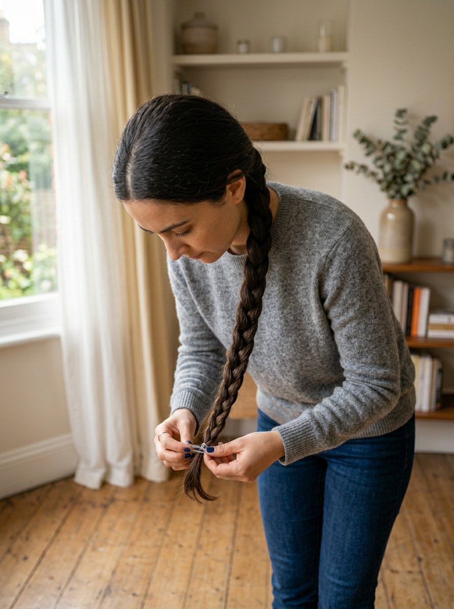 Young woman in a grey sweater tying a clear elastic band around the end of her thick braided hair.