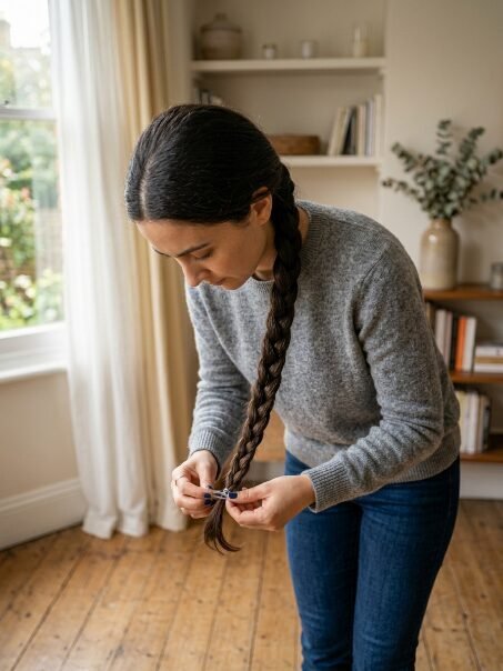 A person in a grey sweater looking down while fastening a small clip to the bottom of her thick braid.