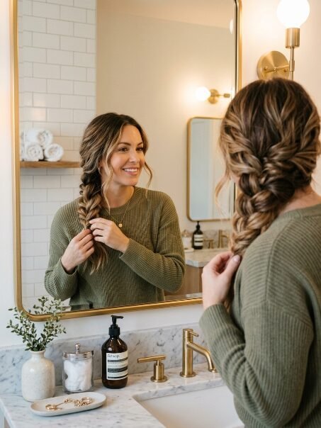 A woman in a green sweater braiding her hair while looking at herself in a modern bathroom mirror.