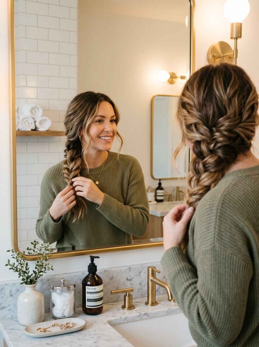 Smiling woman in a cozy green ribbed sweater adjusting her braided hair while standing in a marble bathroom.