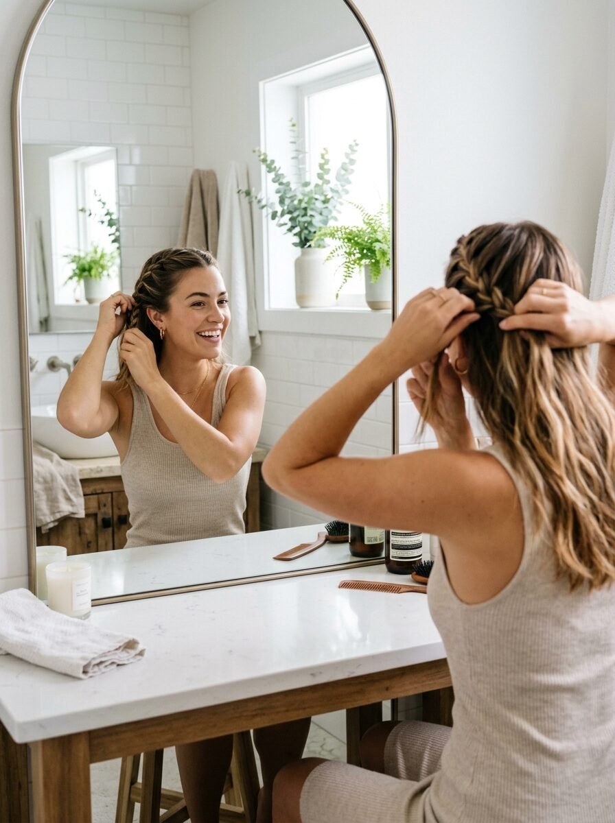 Young woman in a beige tank top looking in an arched bathroom mirror while braiding her hair.