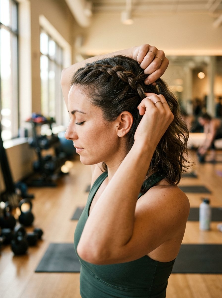 Close up of a woman in a green top styling her hair into a French braid inside a fitness center.