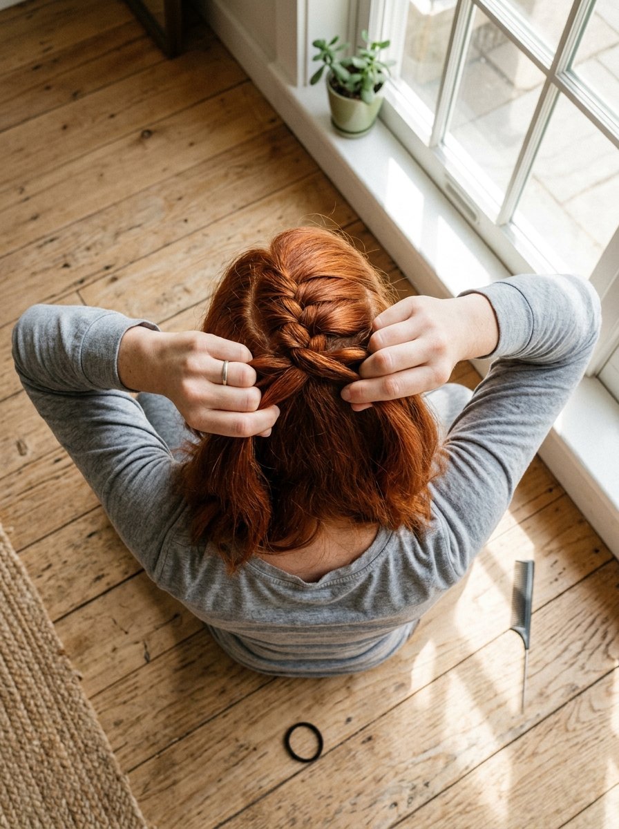 Top view of a woman with red hair styling a braid while sitting on a wooden floor near a window.