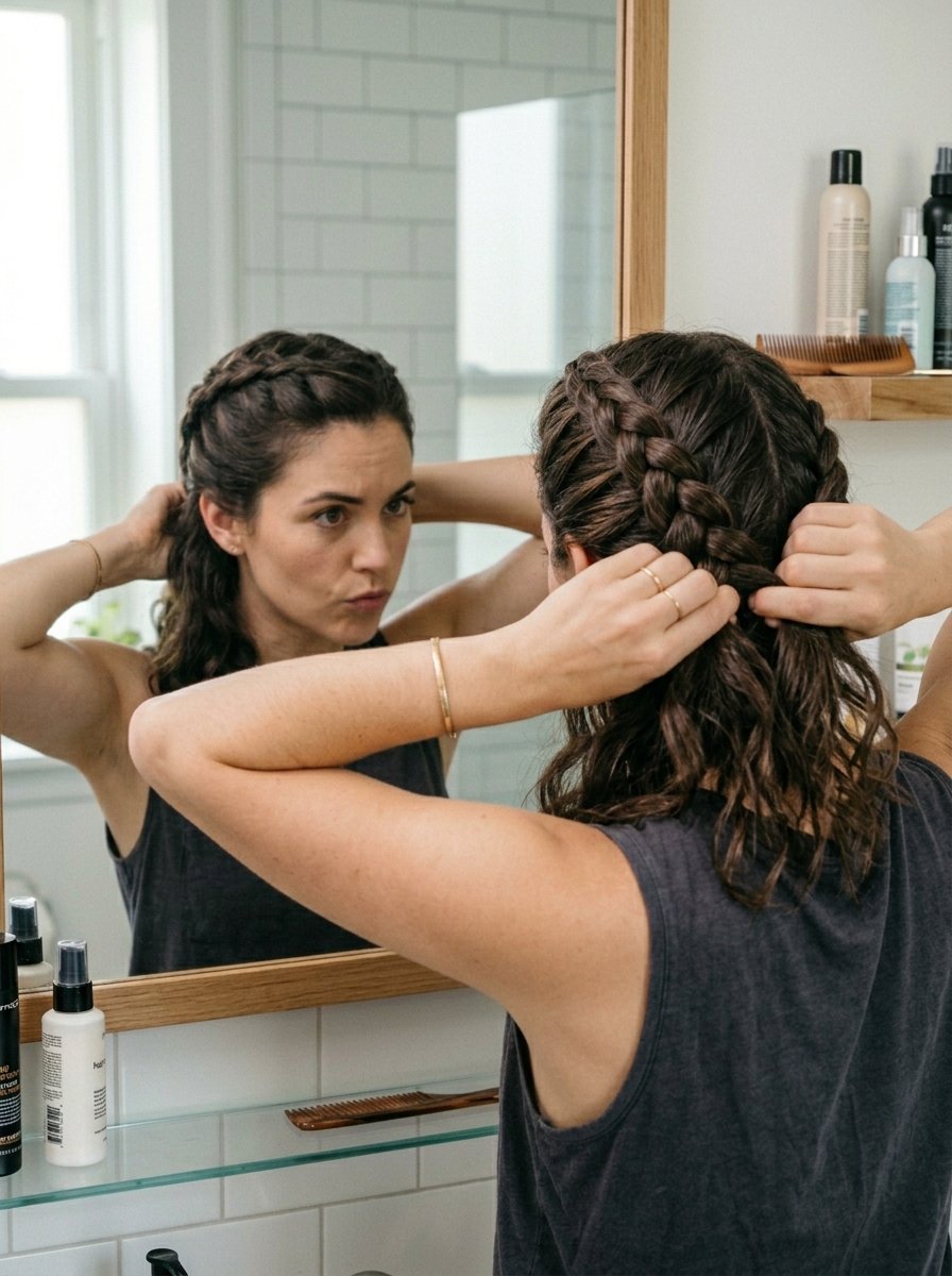 Reflective view of a person wearing a grey tank top braiding her hair in a bathroom mirror.