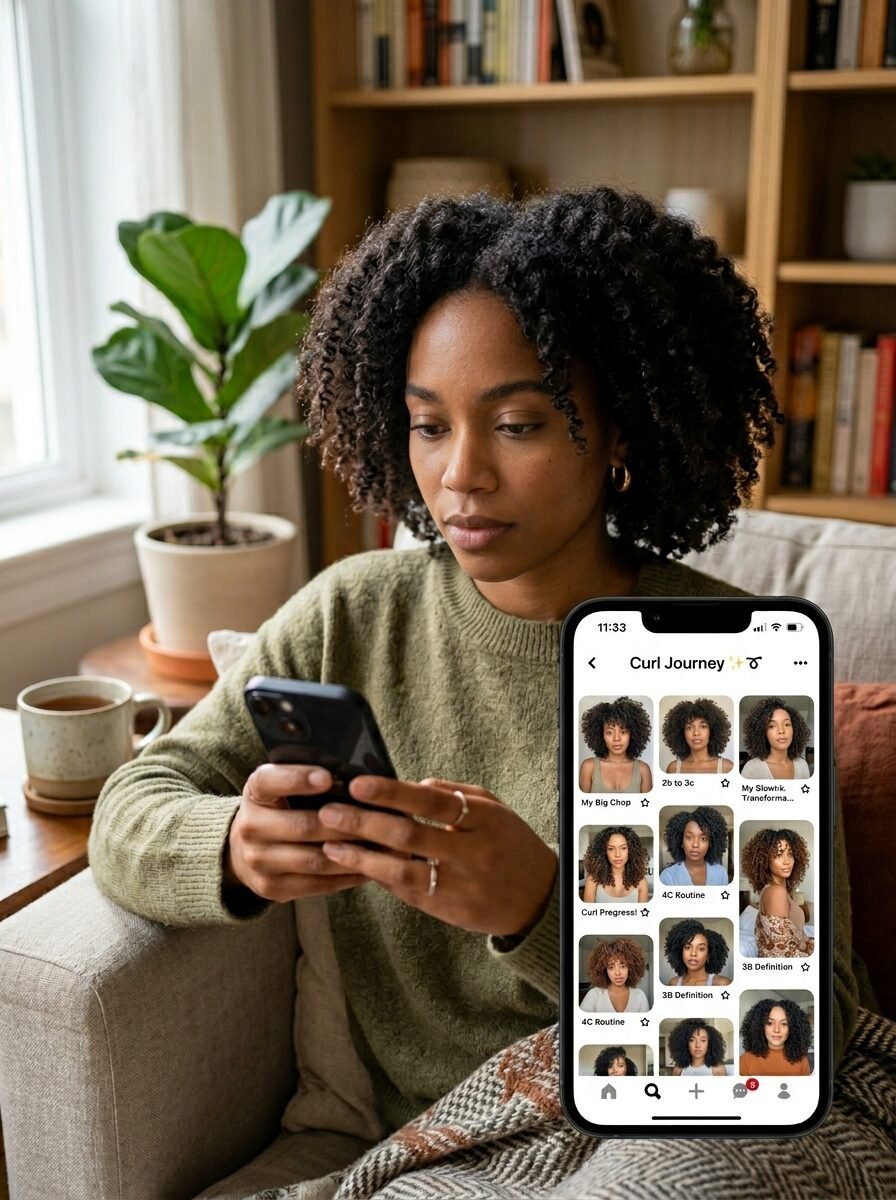 Close up of a person holding a phone showing a social media grid of curly hair progress photos