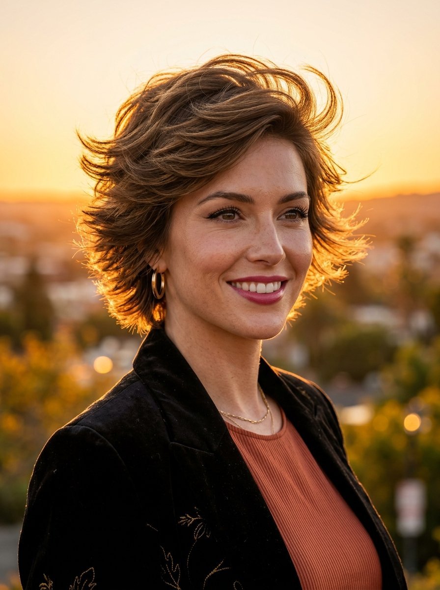 Close-up portrait of a woman with a textured bob hairstyle standing against a blurred sunset background.