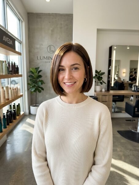 A smiling woman with short brown hair wearing a cream sweater standing inside a hair studio.