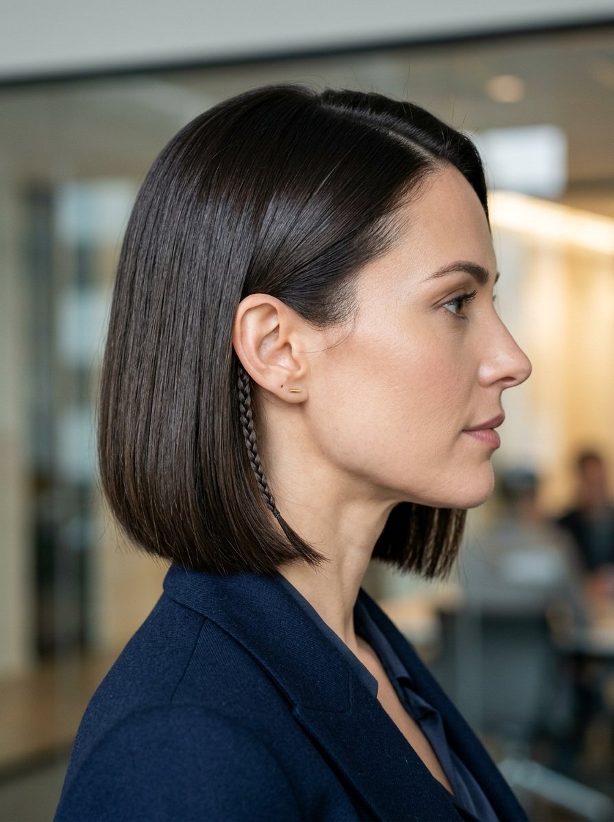 Close-up profile shot of a woman with dark hair styled in a straight bob with one small braided accent behind her ear.