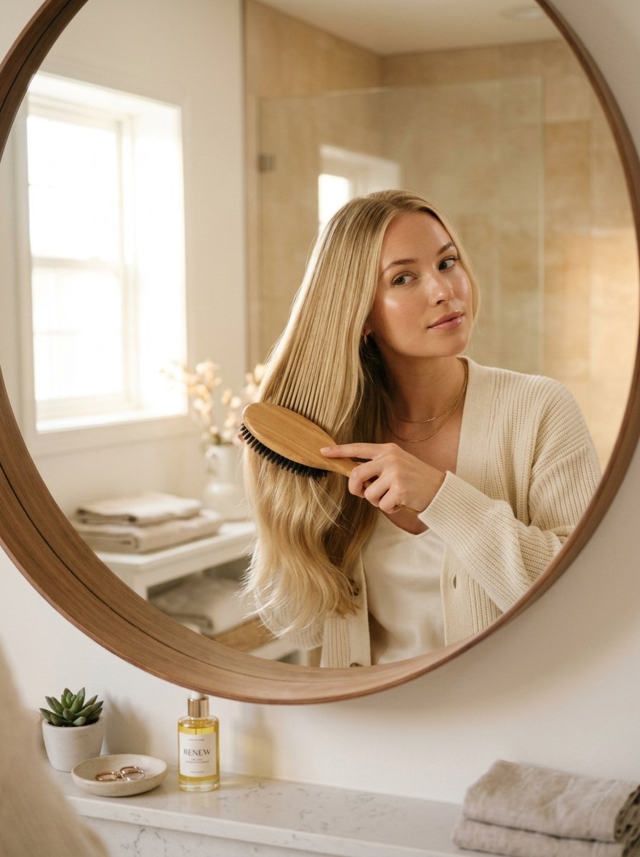 A woman in a cream cardigan uses a wooden brush on her long hair while looking into a circular vanity mirror.