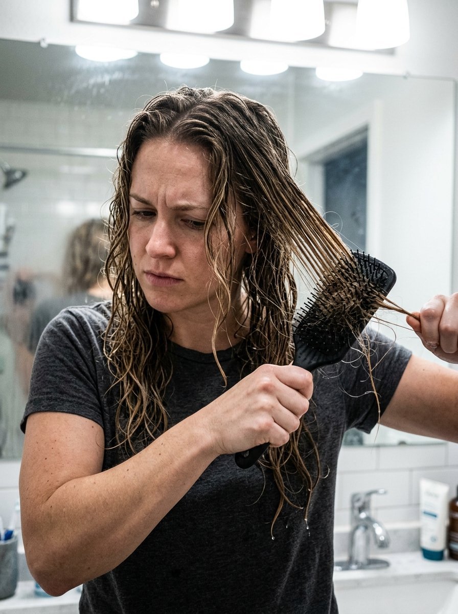 A woman looks down at a hairbrush pulling through her tangled wet hair in a bathroom mirror reflection.
