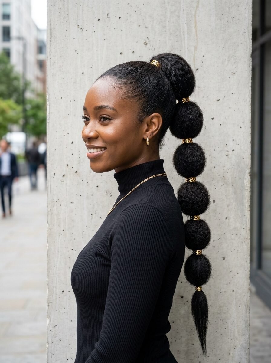 Side profile of a Black woman with a long bubble ponytail featuring gold hair ties.