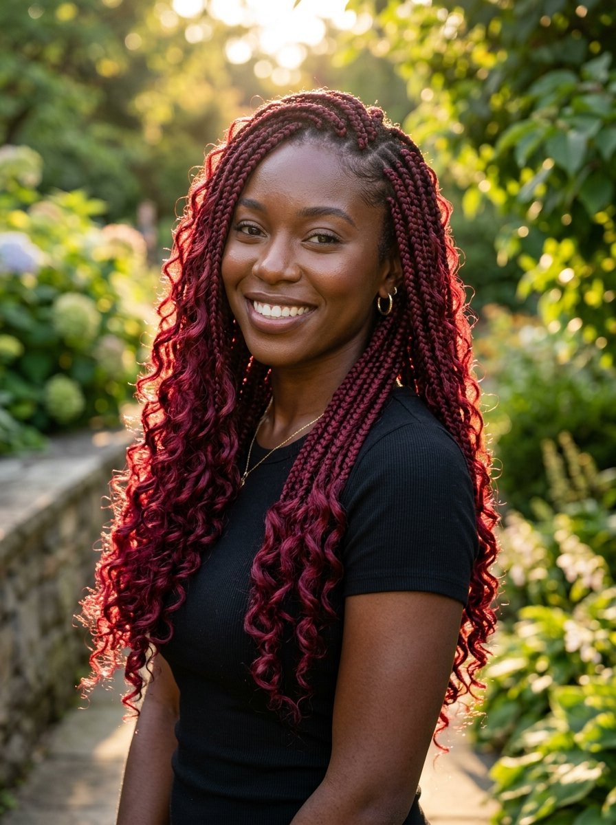 Close-up of a smiling Black woman with long, curly burgundy braids standing in a sunlit garden.