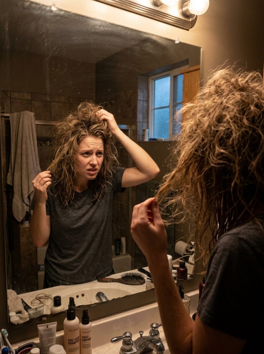 Close up of a young woman looking at her frizzy, unkempt hair while standing in front of a vanity mirror.