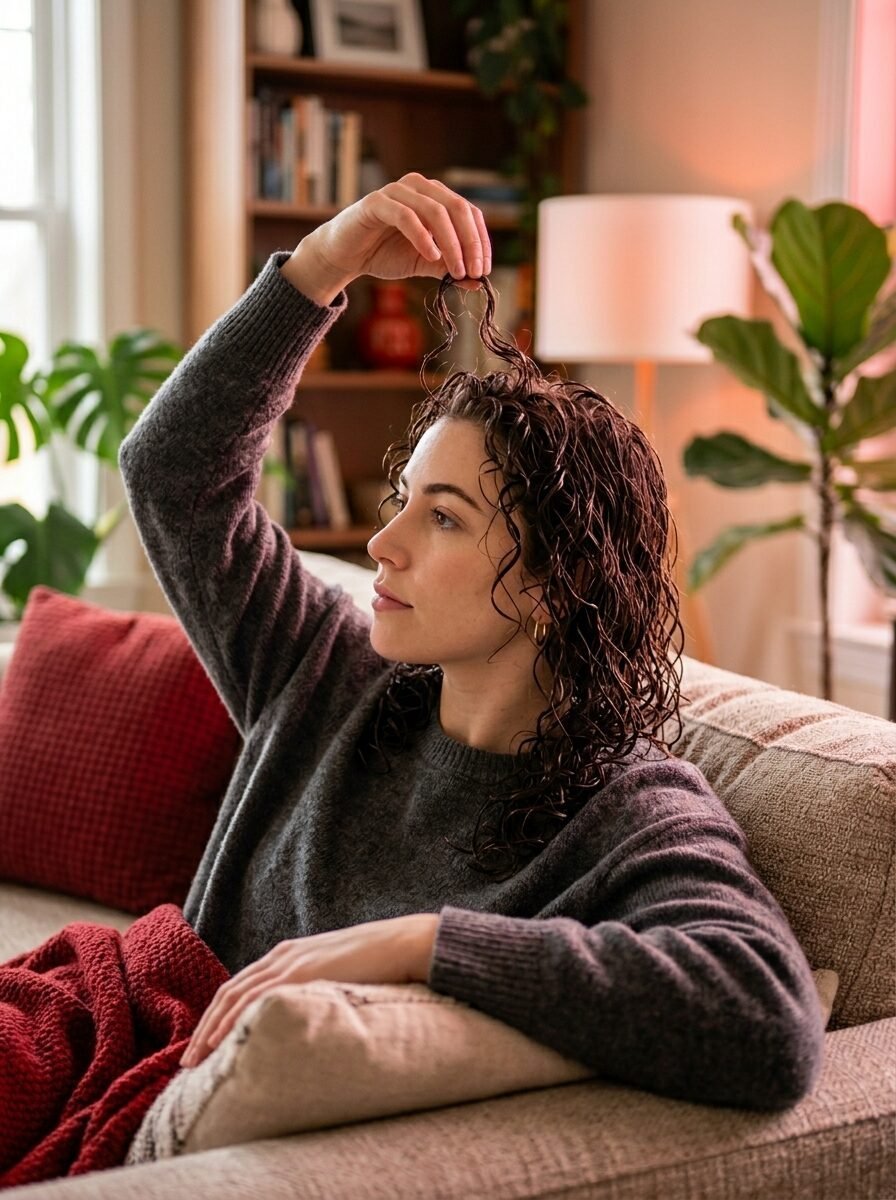 A woman sitting on a couch lifting a small section of her damp, curly hair to examine it.