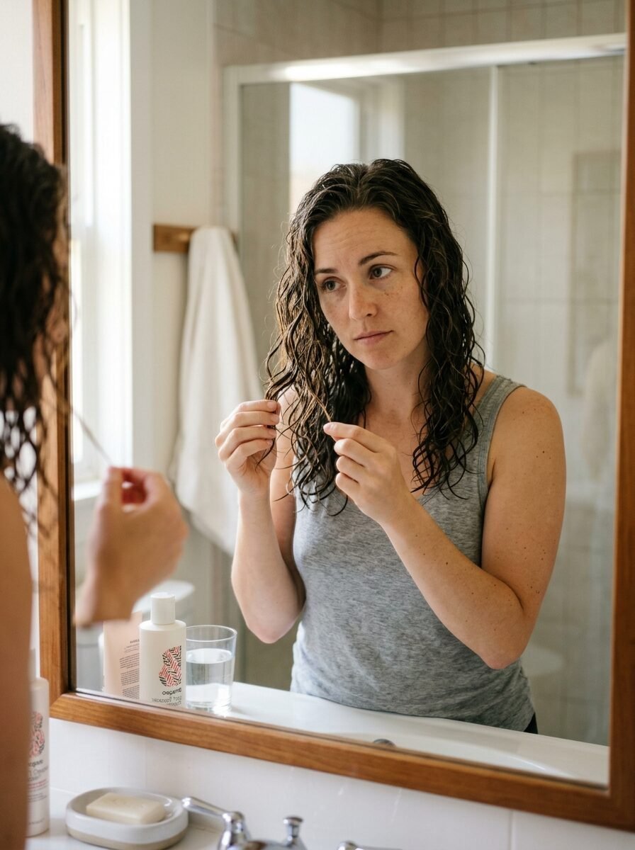 A person with wavy brunette hair touching a damp strand while looking at their reflection.