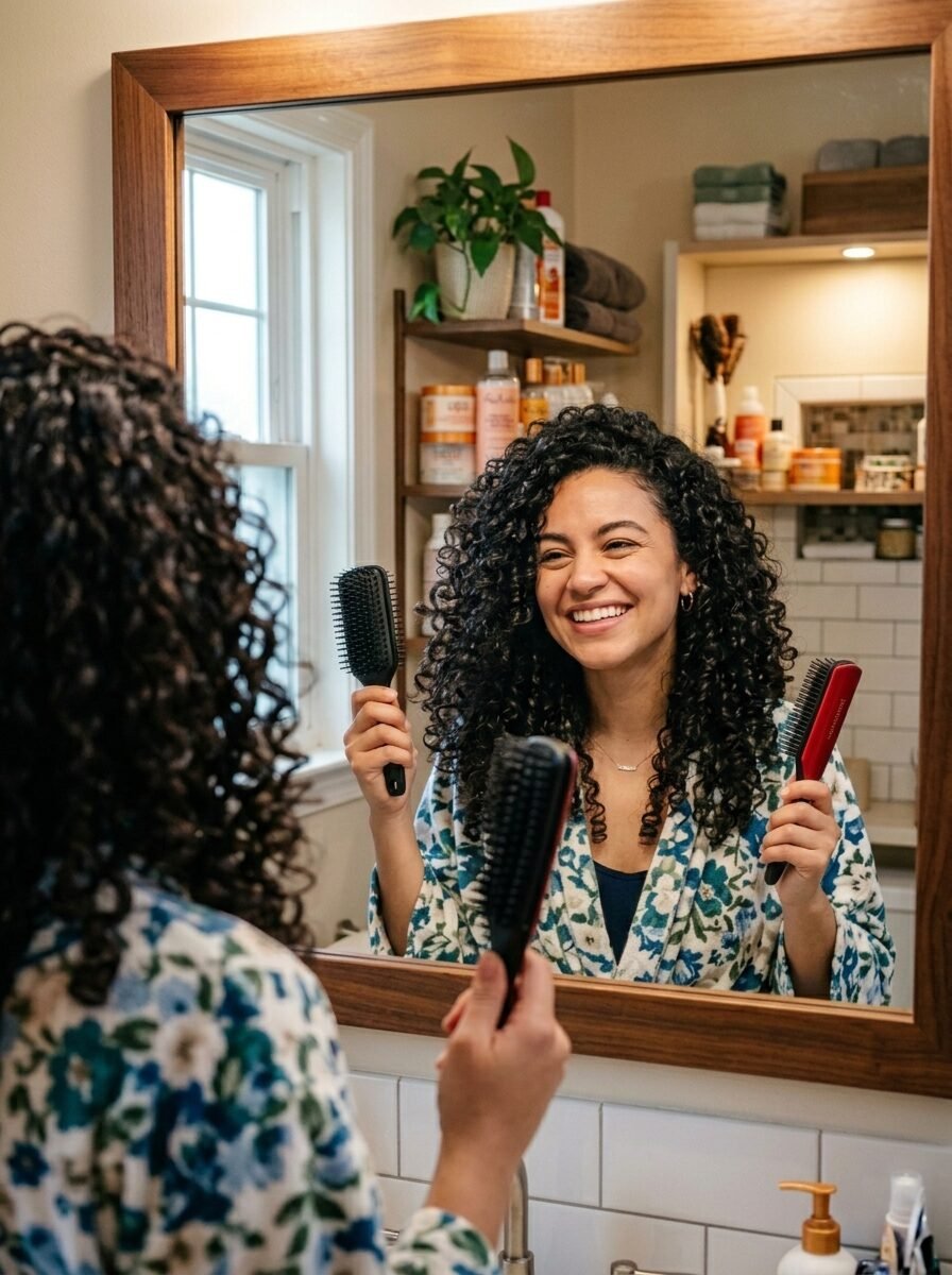 A woman with long curly hair holds a black brush and a red brush while looking into a bathroom mirror.