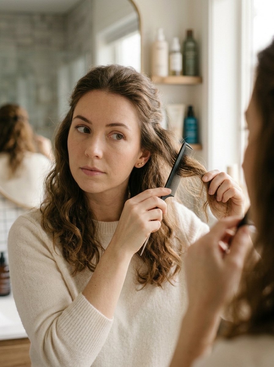 Close-up of a woman in a cream sweater using a black plastic comb to detangle her wavy hair in a mirror.