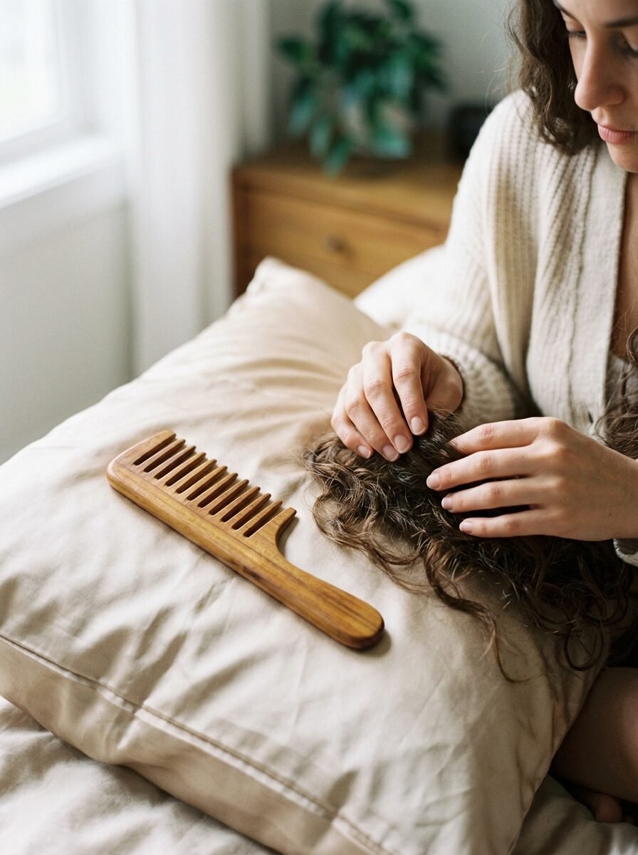 Close-up of hands styling dark curly hair on a pillow next to a wooden wide-tooth comb.