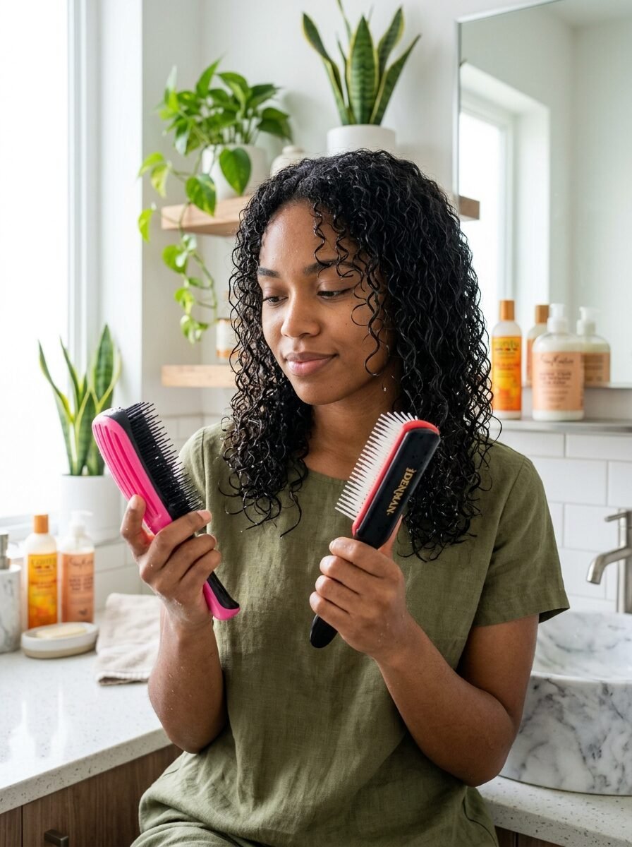 A person with dark curly hair holds a pink styling brush and a black Denman brush in a bright bathroom.