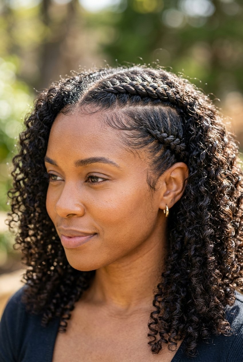 Close up of a woman with shoulder-length curly hair and braided details at the temple.