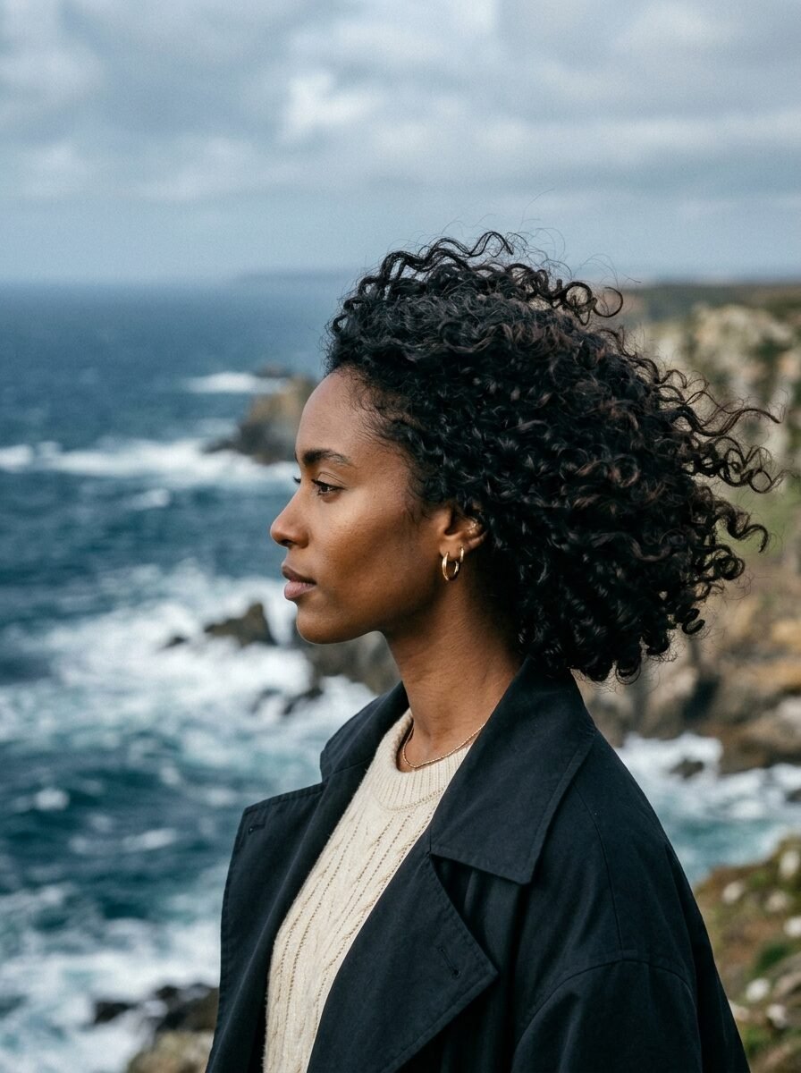 Profile view of a Black woman with dark curls standing outdoors near a churning ocean and rugged cliffs.