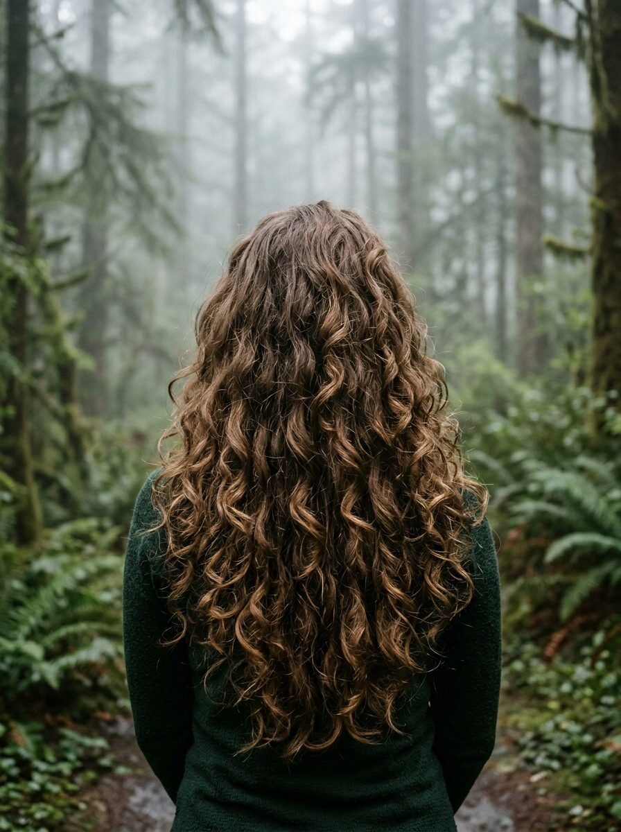 Back view of a person with long, thick, natural curly hair standing in a foggy woodland path.