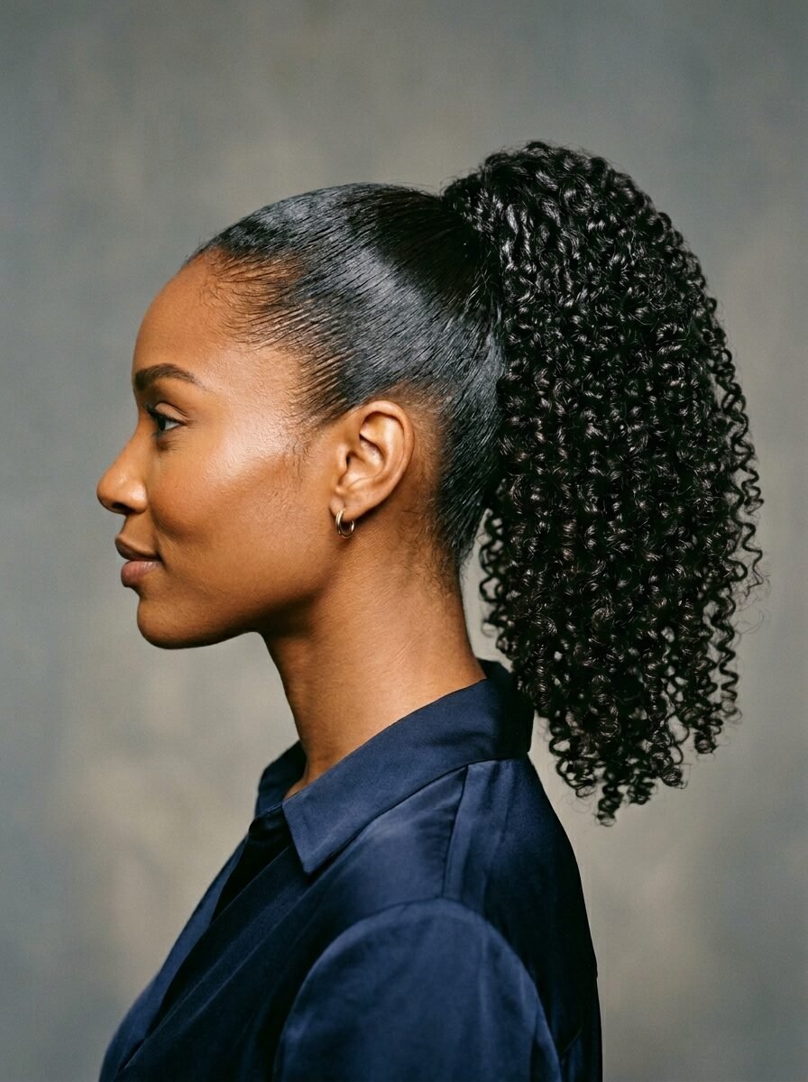 Side profile of a woman wearing a high ponytail with tight dark curls and a navy button-down shirt.