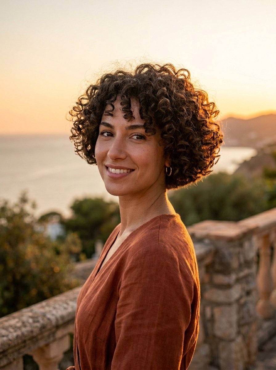 Portrait of a woman wearing a rust-colored dress with curly hair standing near a stone railing by the sea.