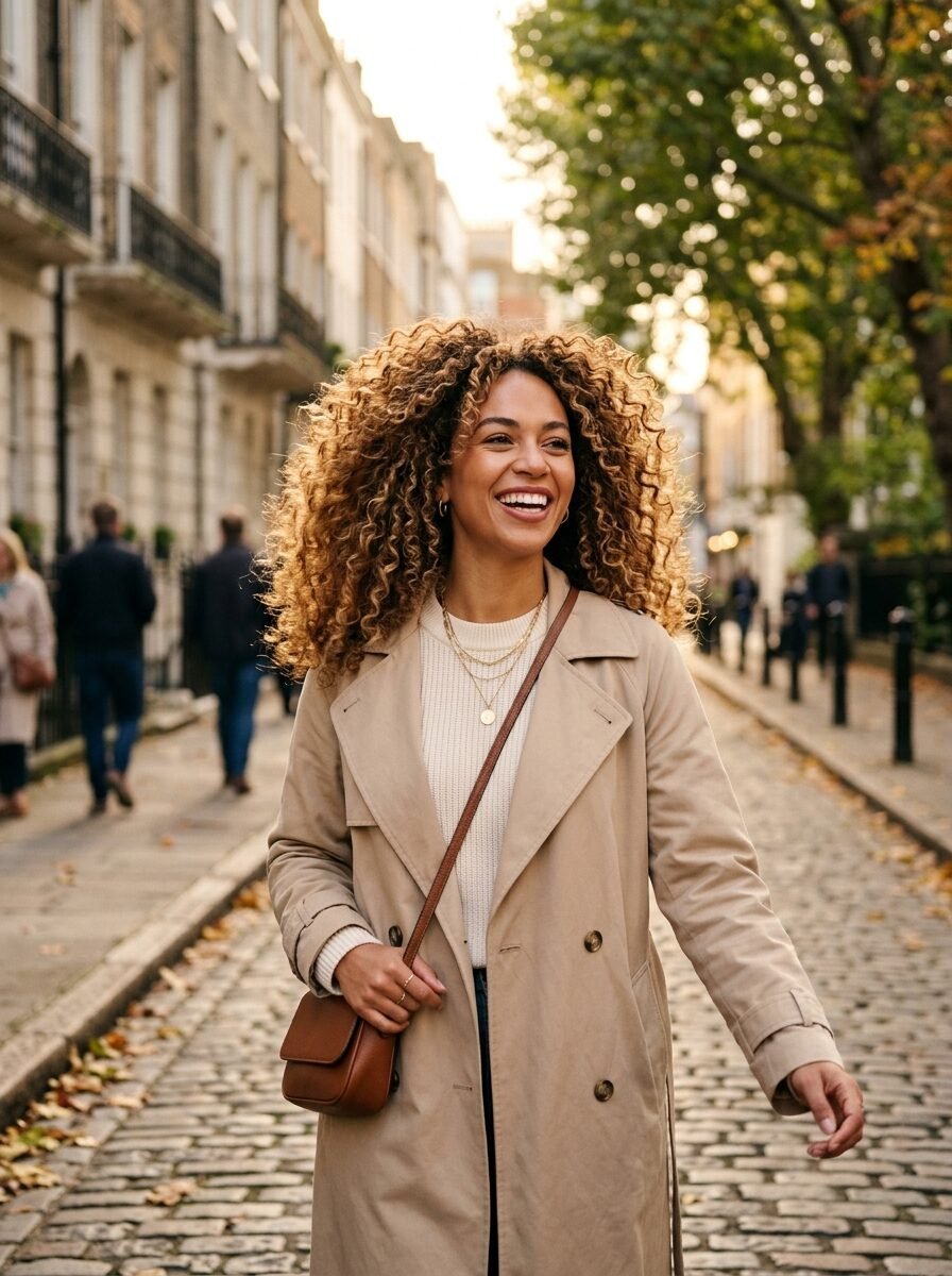 A smiling woman with voluminous curls wears a beige trench coat while walking on a stone paved city road.
