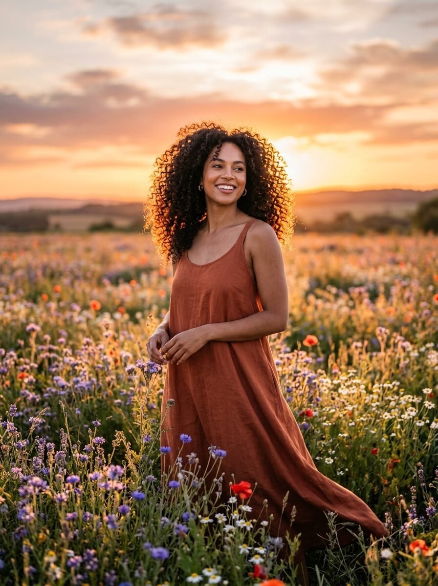 Portrait of a woman wearing a rust-colored dress in a field of wildflowers during golden hour.