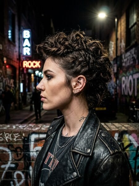 Profile view of a woman with a curly mohawk and piercings posing in a graffiti-covered alleyway at night.