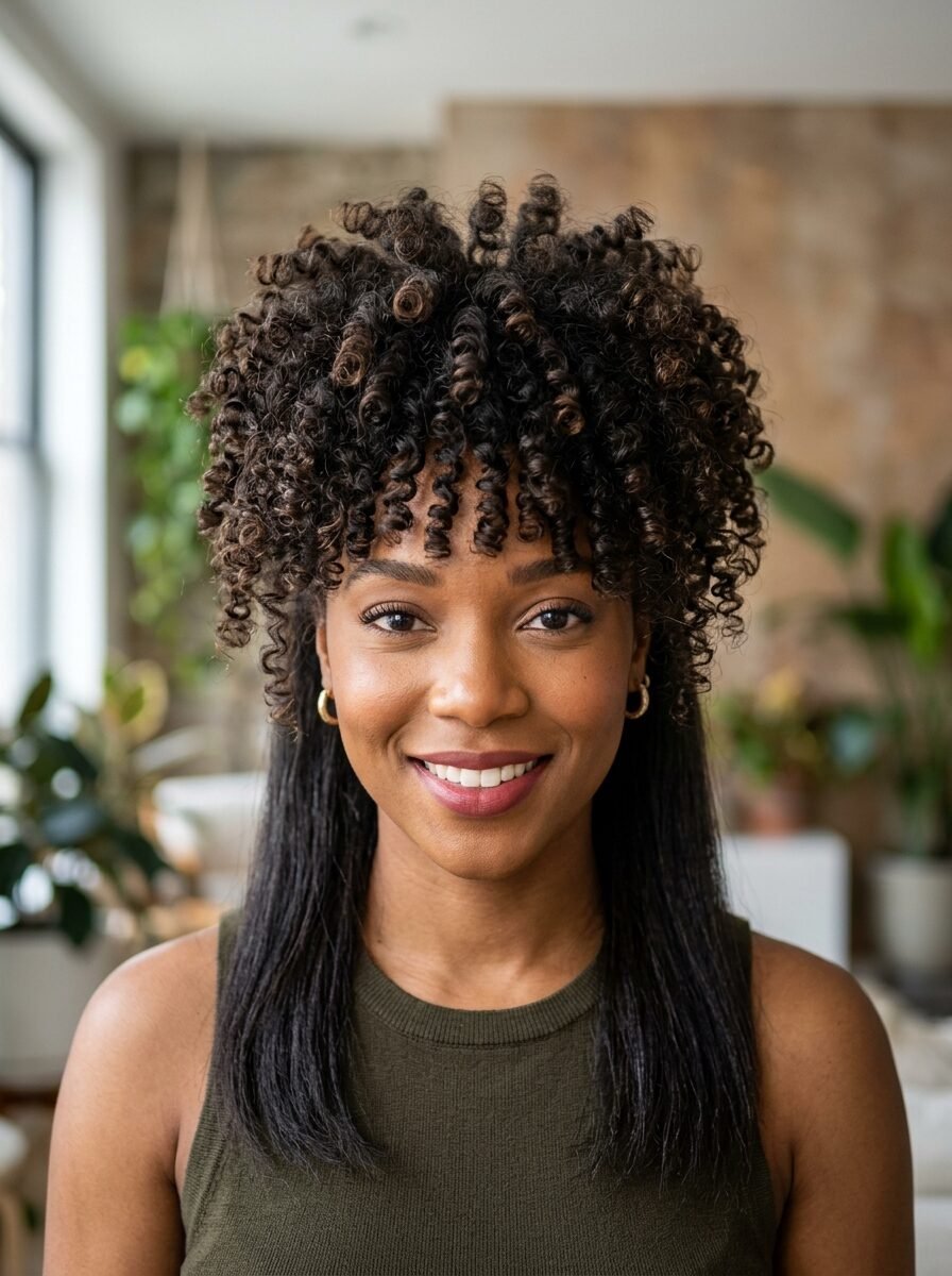 Portrait of a woman with tight curls on top and straight hair lengths wearing a dark green tank top.