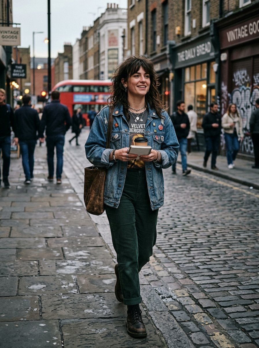 A smiling young woman in a denim jacket and green corduroy pants walks down a city street holding a notebook.