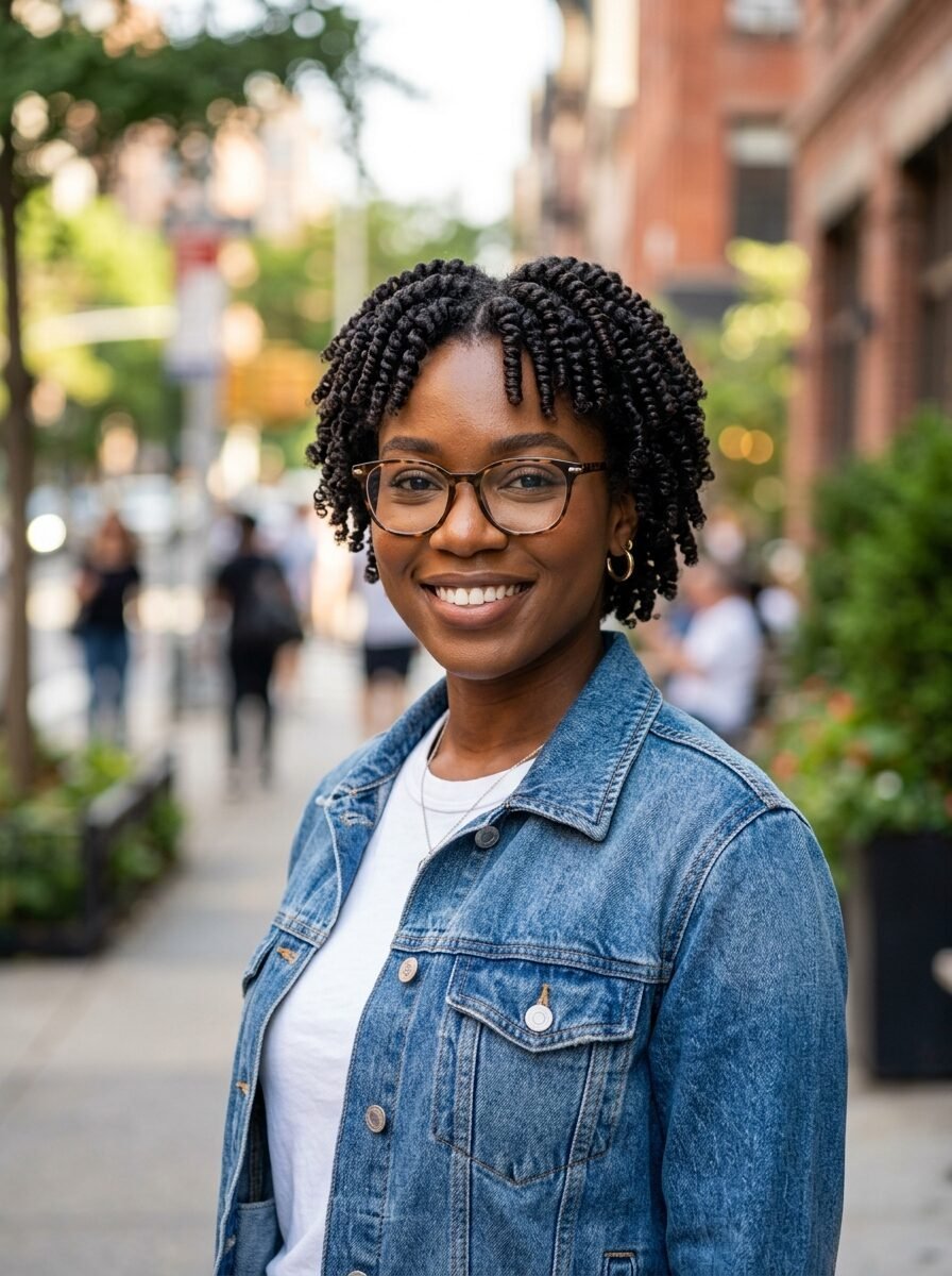 Portrait of a Black woman with natural twist hair and glasses smiling in a city setting.