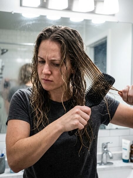 Close-up of a person with wet, wavy hair using a black paddle brush to work through tangles in a vanity mirror.