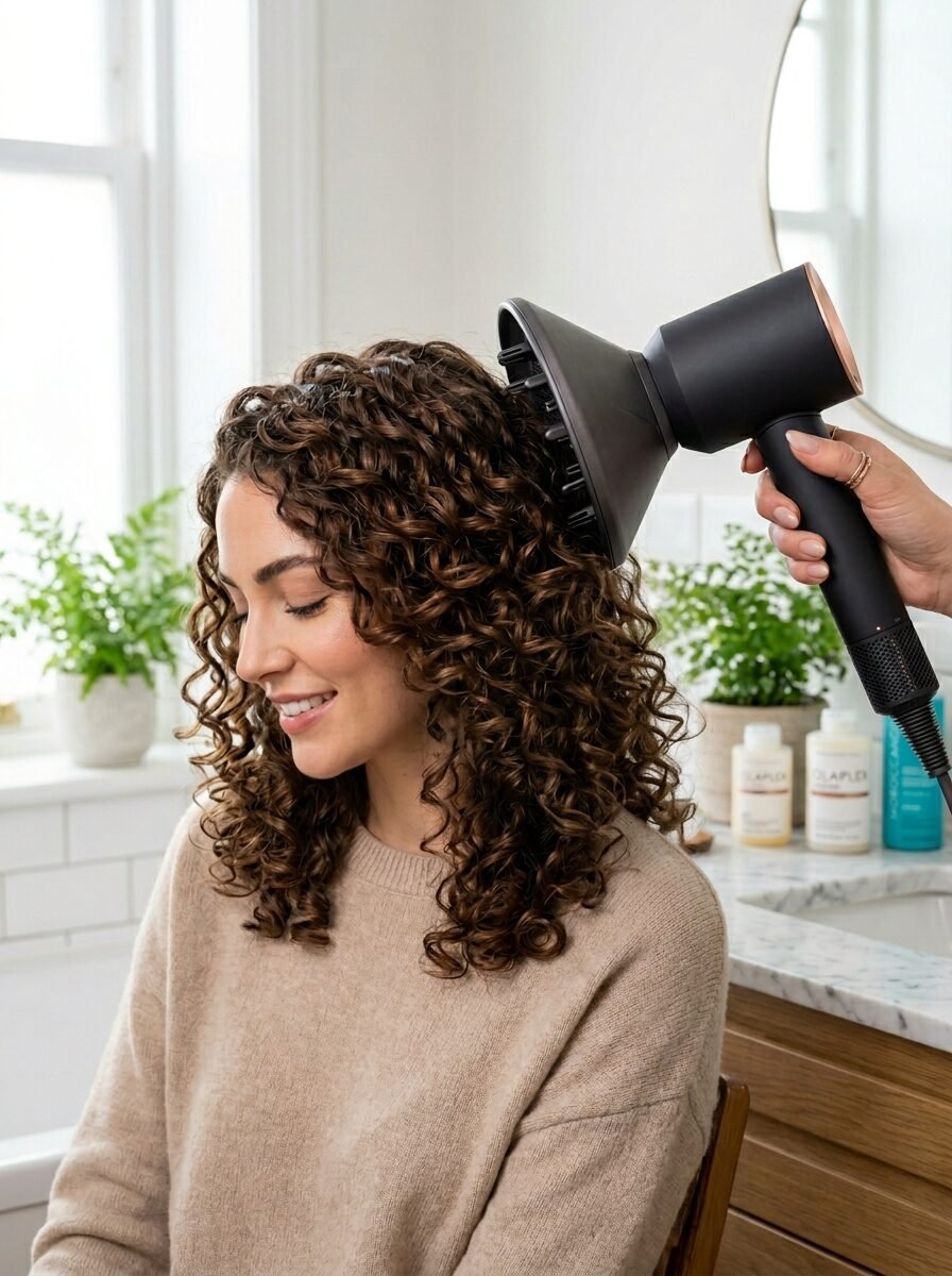 A person uses a black and copper hair dryer to style brown, curly hair in a bright bathroom setting.