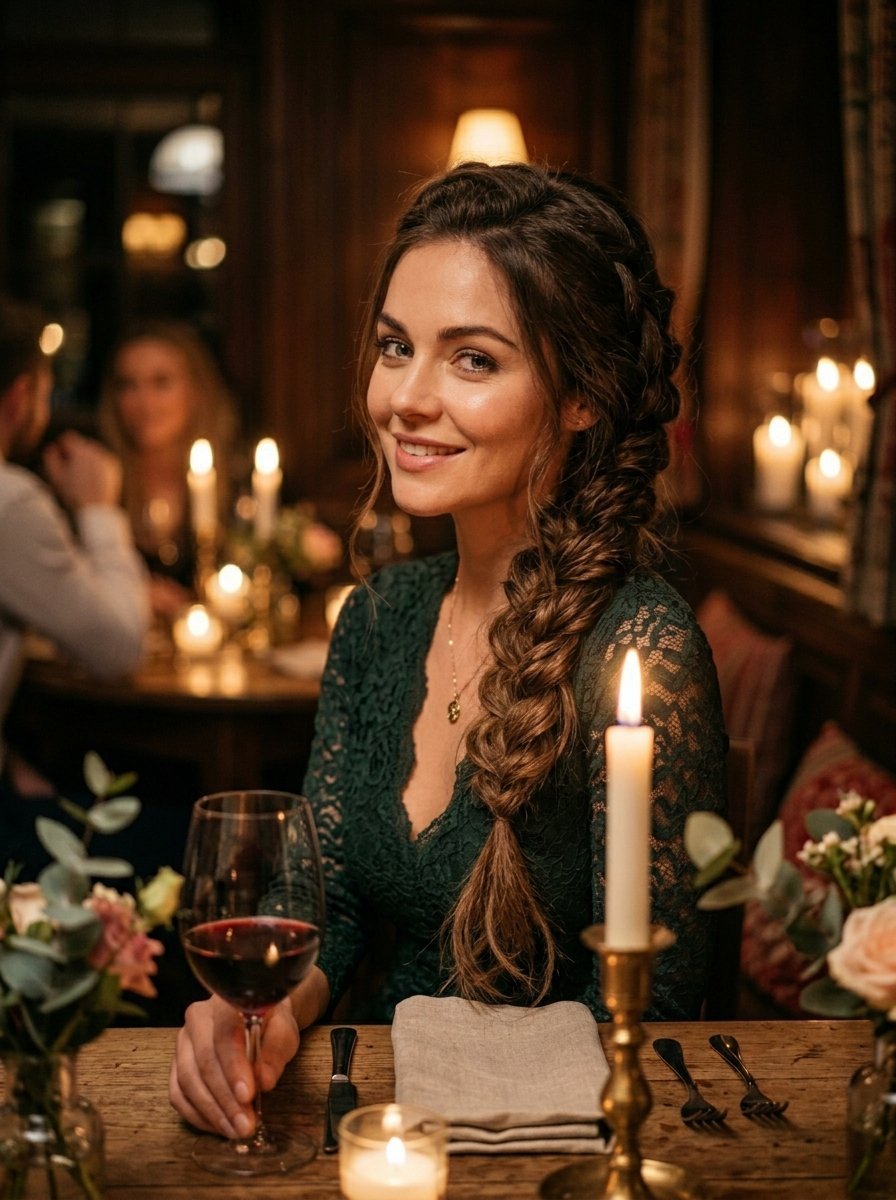 A woman with a side braid smiles while holding a glass of red wine at a table with candles in a dimly lit restaurant.