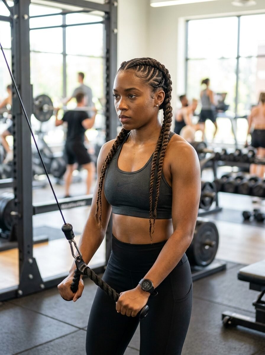 A woman with braided hair doing a tricep rope pull down exercise at a cable machine in a fitness center.