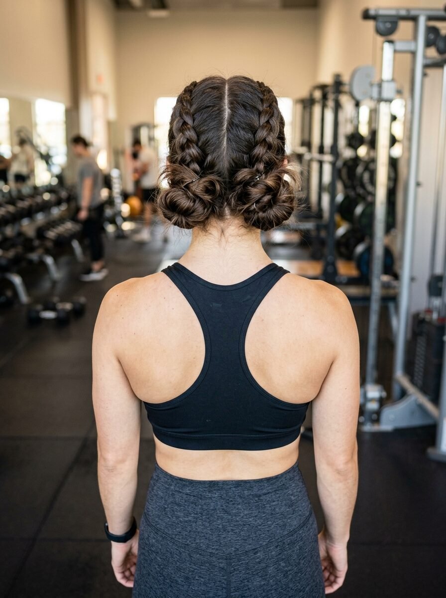Back view of a woman with braided hair styled into two low buns while standing in a fitness center.