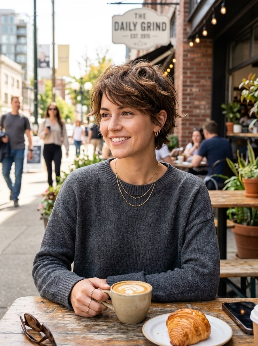 Short-haired woman in grey sweater sitting at an outdoor wooden table with a latte and croissant.