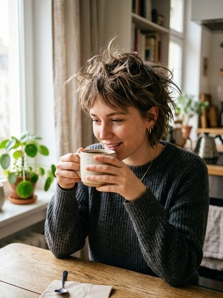 A smiling person in a grey sweater holds a ceramic mug at a wooden table near a window.