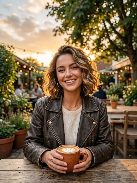 Portrait of a happy young woman sitting at a patio table with a warm coffee mug during a golden sunset