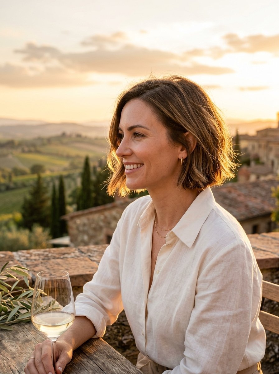 Woman with bob hair wearing a linen shirt holding a glass of wine against an Italian countryside background.