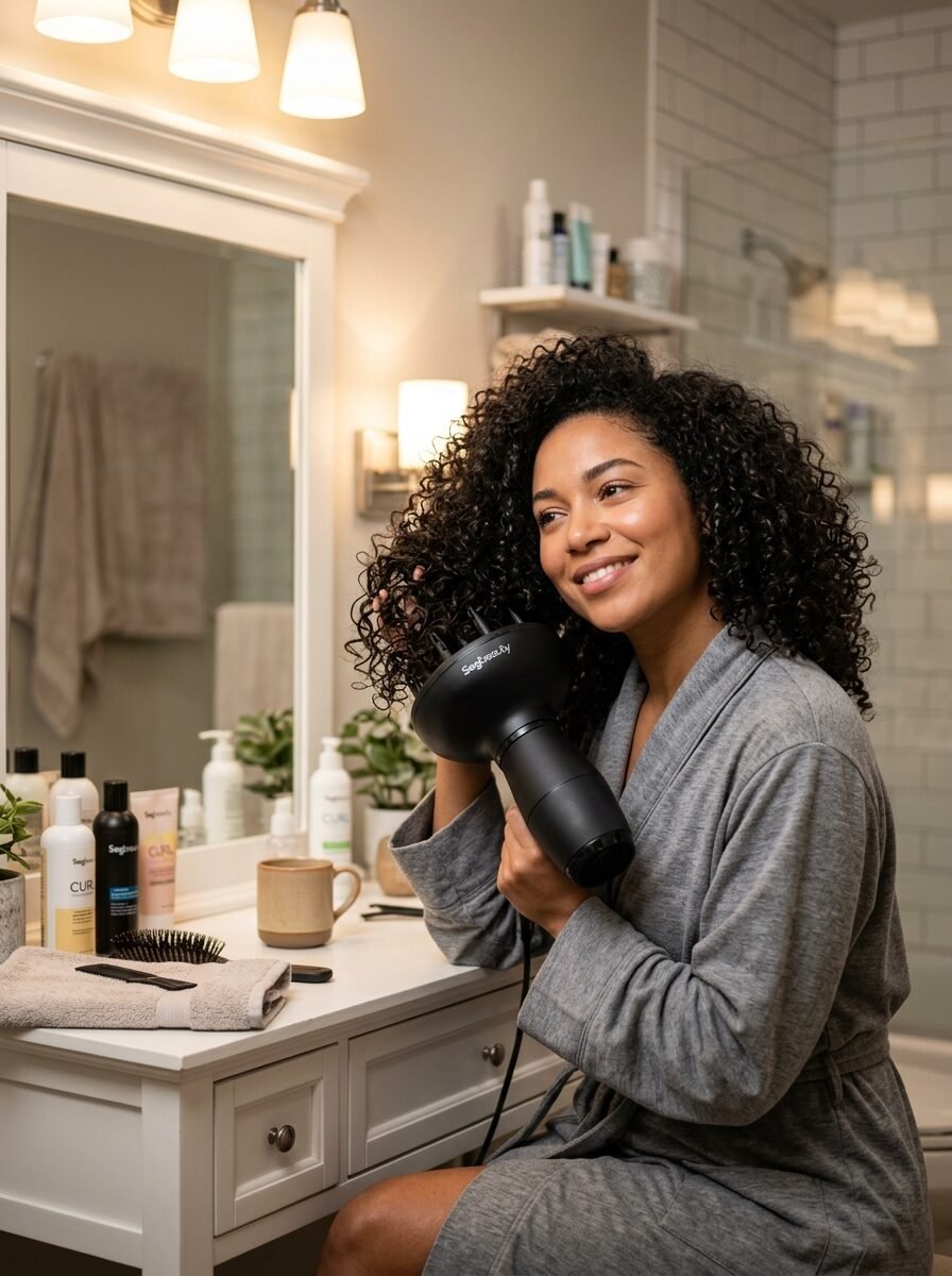A woman in a grey robe uses a black hair dryer diffuser on her curly hair while sitting at a bathroom vanity.