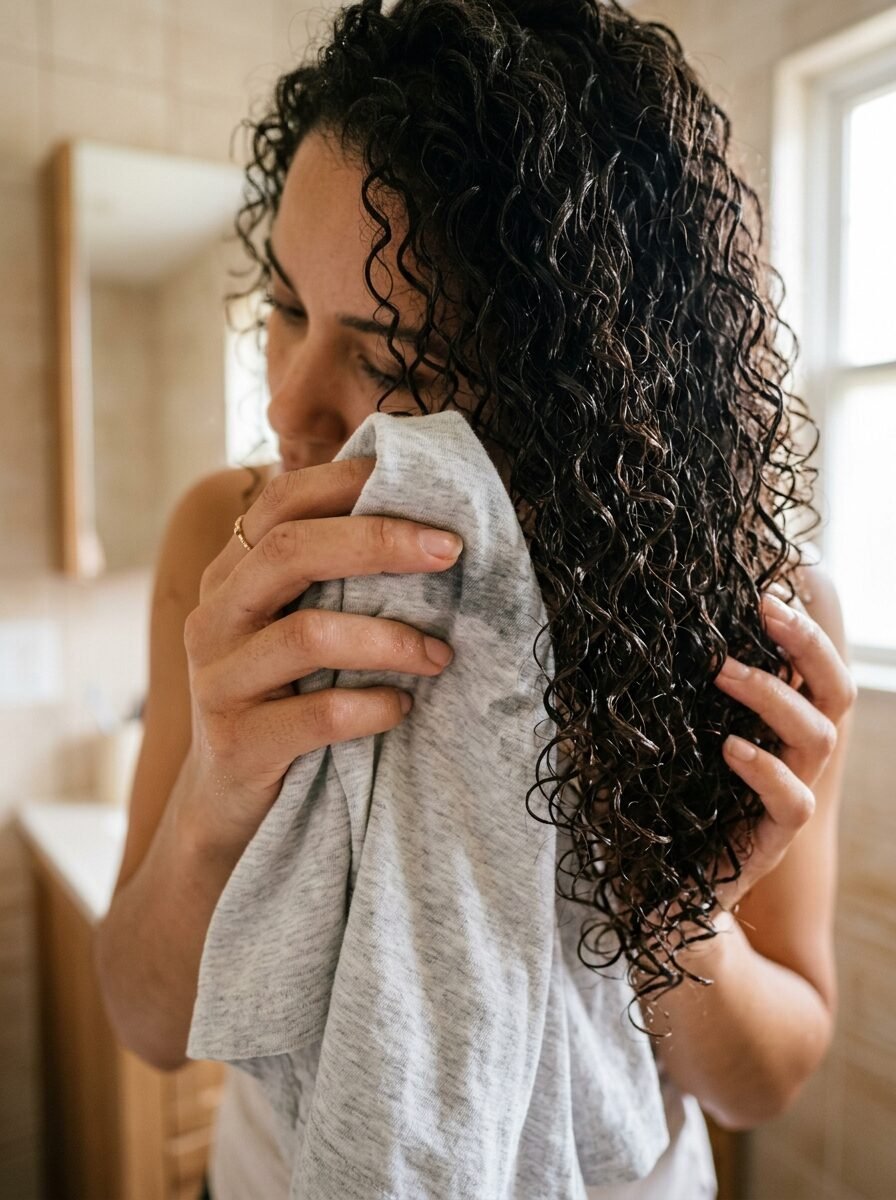 Close-up of a person with dark, damp curls using a grey fabric to dry their hair in a bathroom.