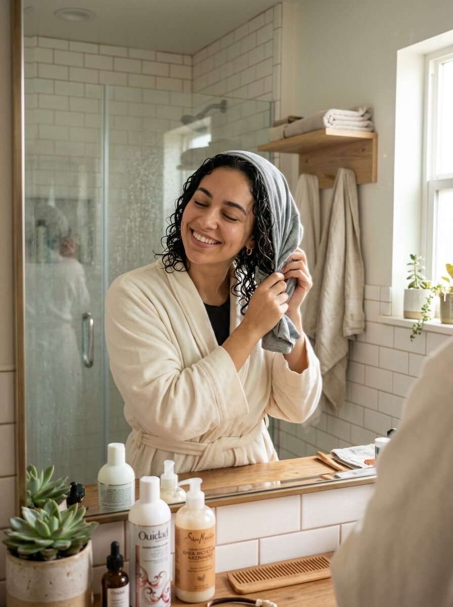 A woman in a cream robe smiling while drying her curly hair with a grey t-shirt in a bathroom mirror.