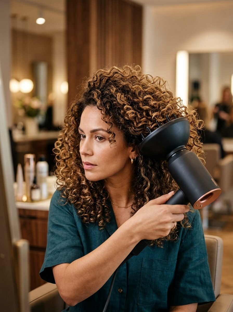 A person with voluminous curls styling their hair using a black dryer attachment in a professional salon mirror.