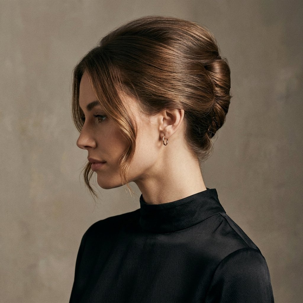 Portrait of a woman in a black high-neck top with her brown hair pulled into an elegant formal twist.