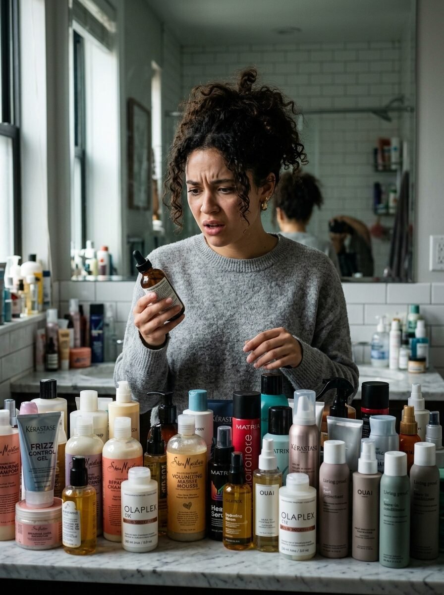 Young woman with curly hair looking puzzled while holding a hair product in a bathroom filled with beauty supplies.